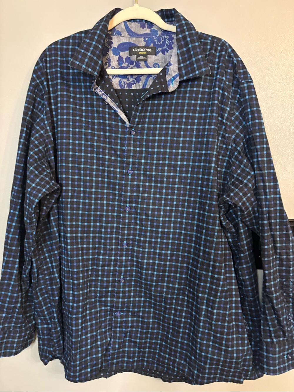Claiborne Men’s Blue Plaid Button-Up Shirt Size 2x stretch 100% cotton